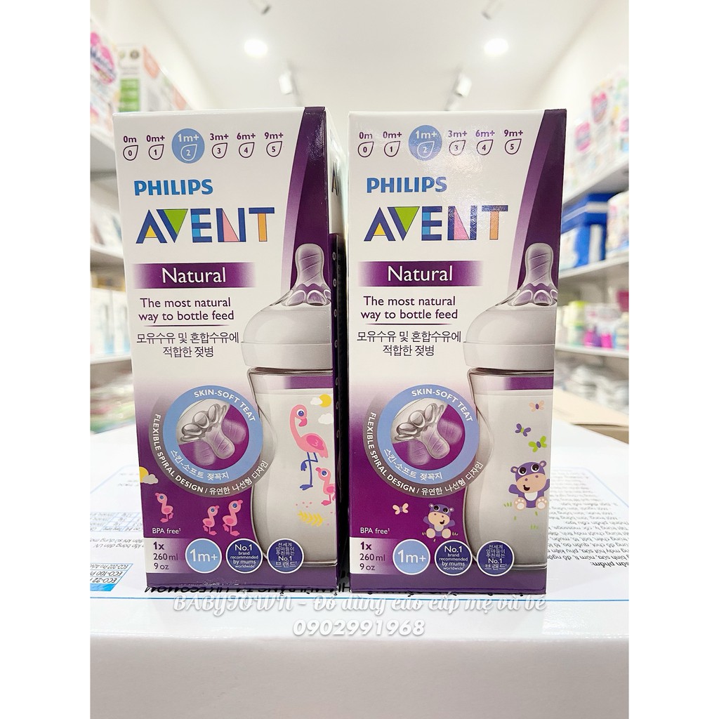 Bình sữa Philips Avent Natural 260ml hoạ tiết Chim Hạc và Hà Mã