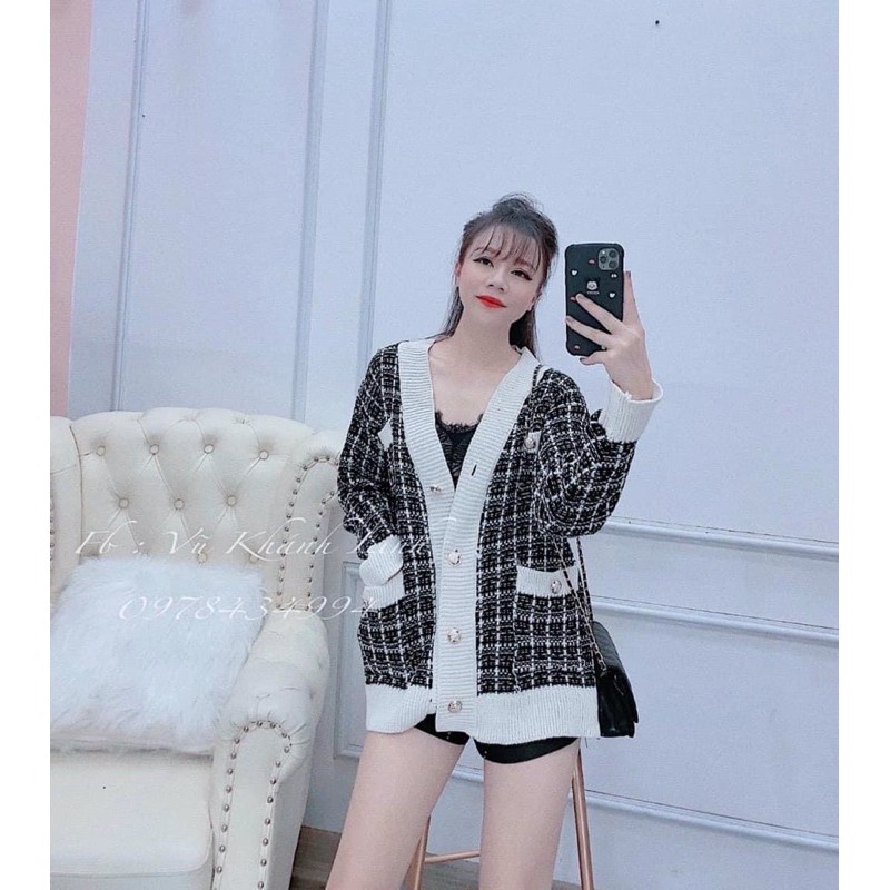 Áo khoác cardigan caro kẻ viền đen