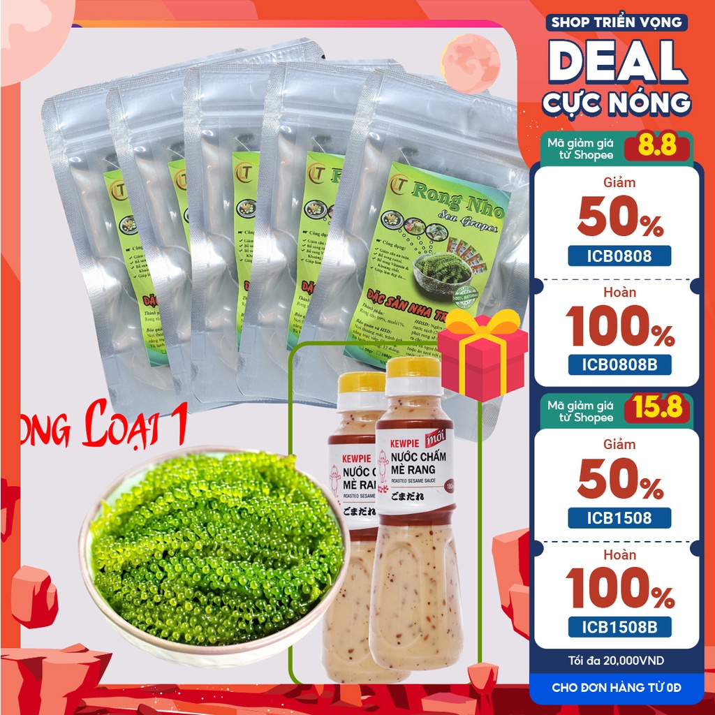 Rong nho tách nước combo 10 gói 100g rong nho nở ra 1kg tặng thêm 2 chai sốt mè rang 180ml