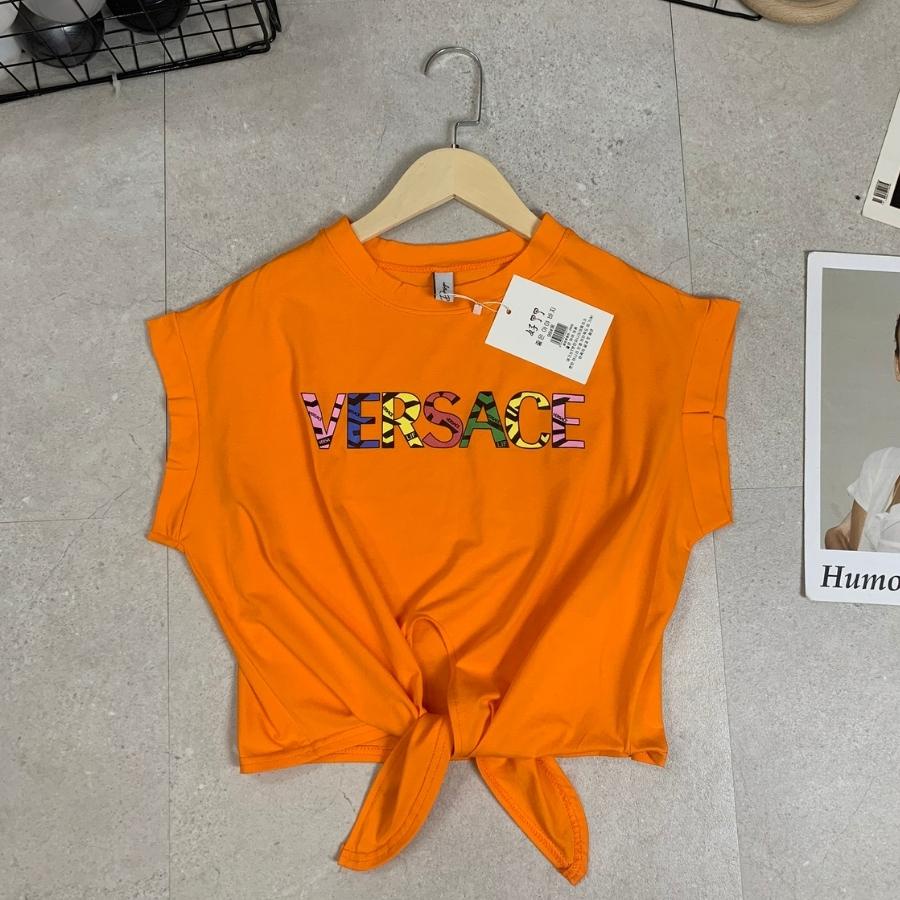 Áo Croptop nữ, áo thun croptop phong cách Hàn Quốc cổ tròn dây buộc chất cotton mịn thoáng mát  in hình VERSACER