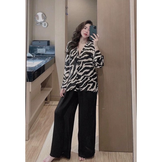 Pijama dài dài studio xọc đen nữ