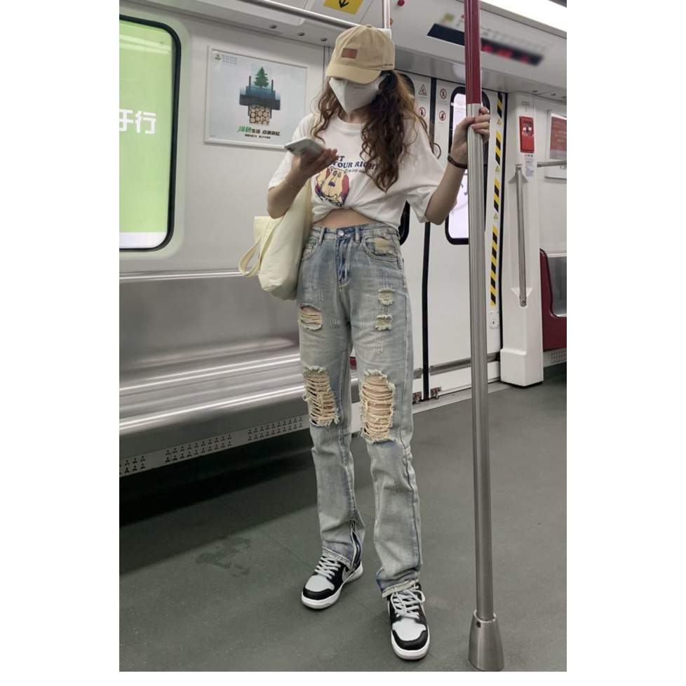 Quần jeans Nữ Dài Lưng Cao Mài Rách Thời Trang Hàn