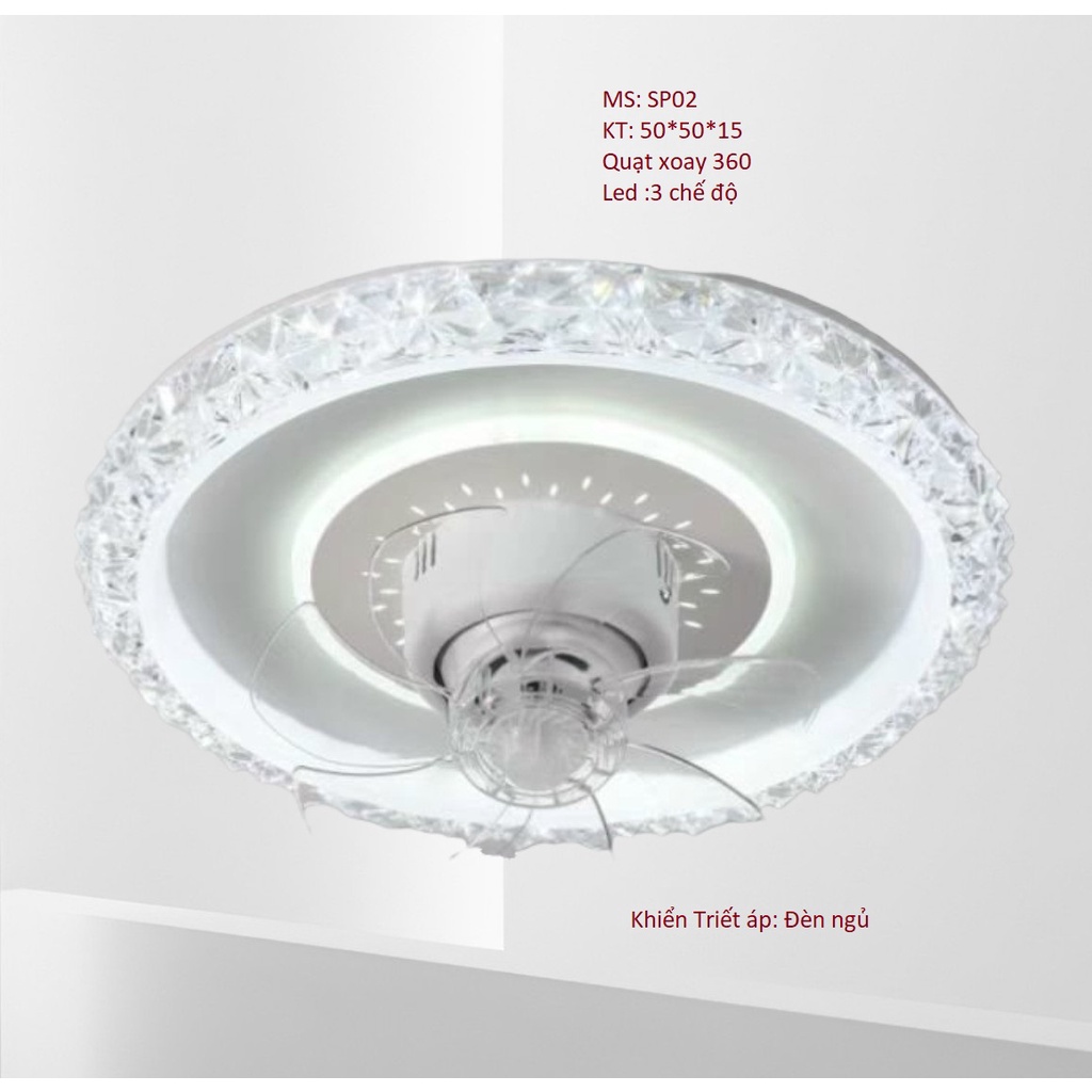 Quạt trần đèn,SuperVilighting, MS: QMAM, Trang trí phòng khách, quạt làm mát Động cơ AC 60W, kích thước D50cm. BH: 2 năm