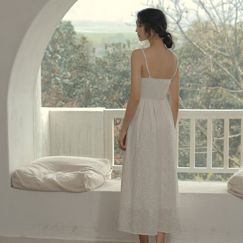 IELGY  Đầm Dài Hai Dây Màu Trắng Phong Cách Pháp Cổ Điển Thời Trang Cho Nữ