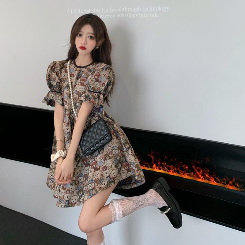 Đầm IELGY tay ngắn họa tiết gấu xinh xắn theo phong cách cổ điển cho nữ