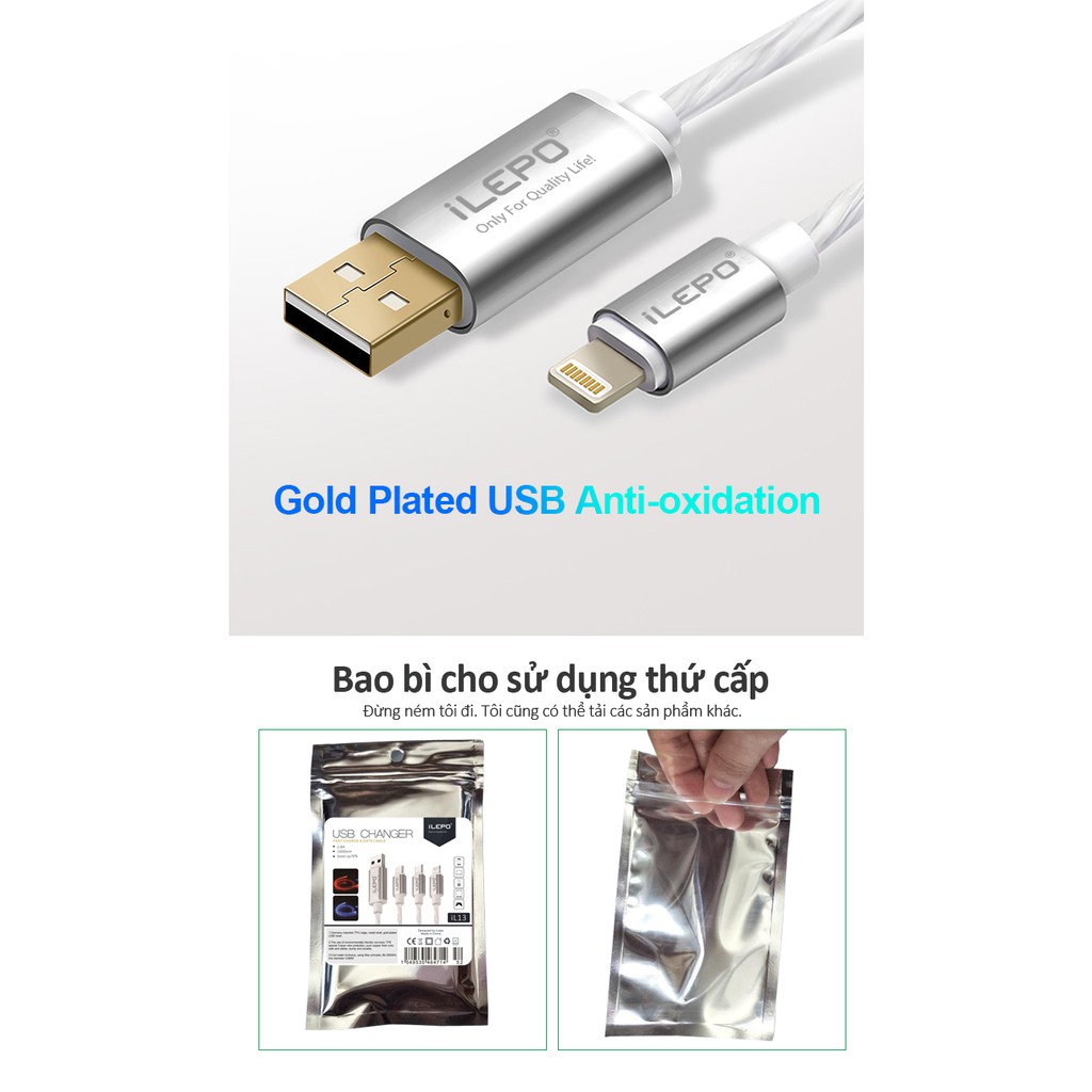 Cáp sạc nhanh 2.8A dài 1m nhựa TPE đèn LED cổng usb hợp kim dành cho các máy samsung iphone iL13 Xanh dây sạc nhanh