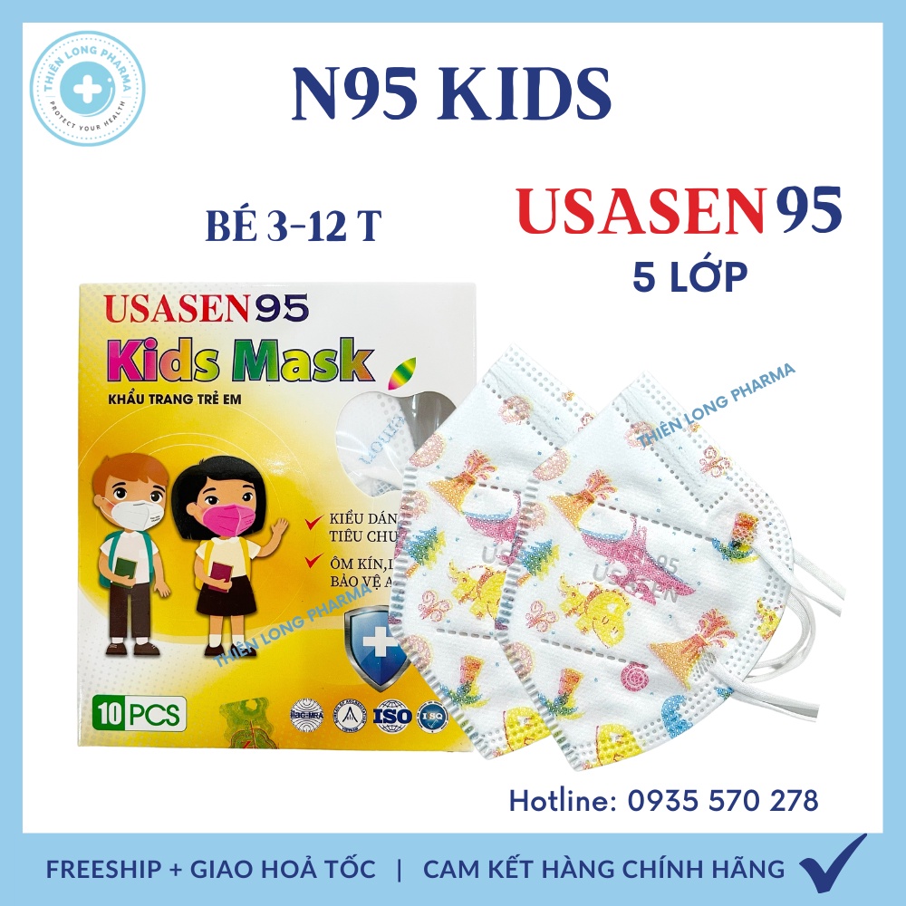 [Hộp 10 Cái] Khẩu trang trẻ em N95 5 lớp USASEN, khẩu trang n95 kids kháng khuẩn cho bé hàng chính hãng