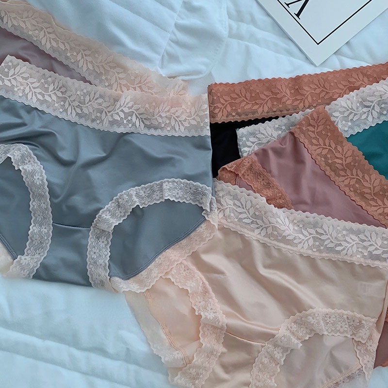 Quần Lót Lụa Lạnh Phối Ren Lưng Cao Cỡ Vừa Thời Trang Cho Nữ
