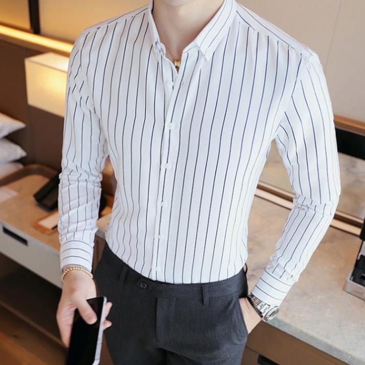 Áo Sơ Mi Kẻ Sọc Nam, Vải Lụa Cao Cấp, Dáng Ôm Body, Trẻ Trung Cá Tính Mã