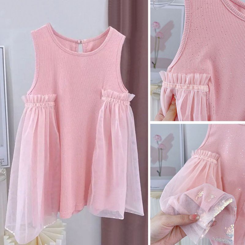 Se7en Đầm Công Chúa Sát Nách Cổ Tròn Phối Lưới Thời Trang Mùa Hè Hàn Quốc Cho Bé