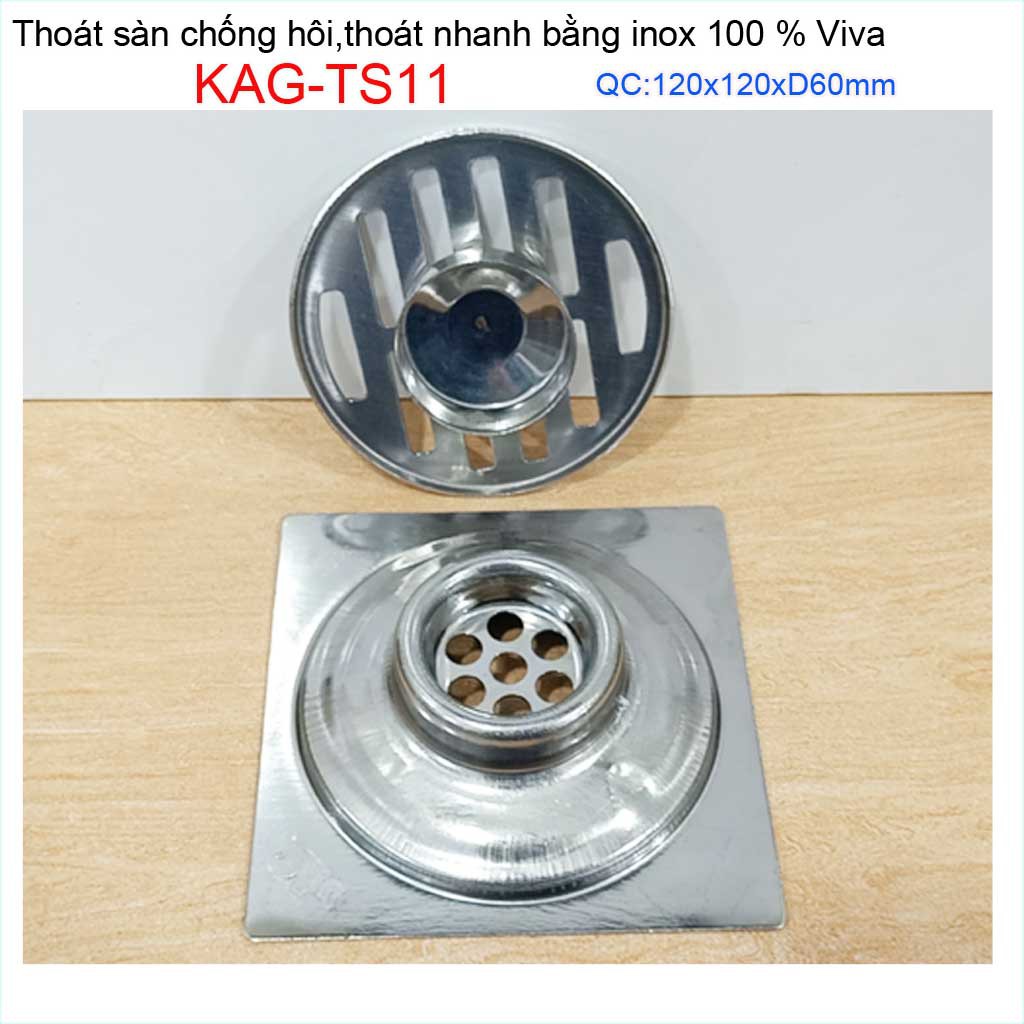 Hố ga thoát sàn Viva ống 6cm Inox mờ, phễu thoát nước chống hôi D60 vuông 12x12cm KAG-TS11