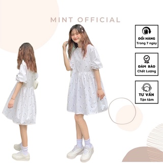  Váy babydoll dáng xoè bồng bềnh trắng hoa xanh tuyết style hàn quốc trong trẻo đáng yêu 