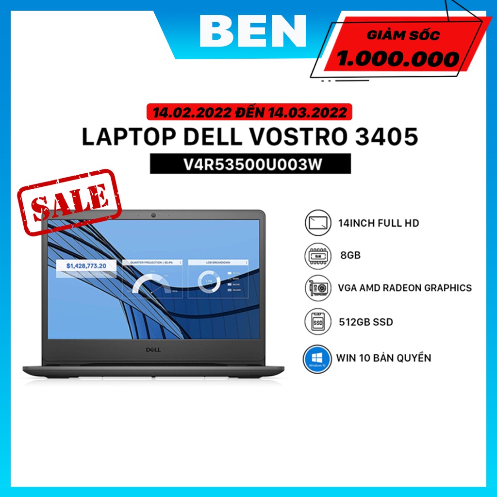 Laptop Dell Vostro 3405 14 icnh AMD Ryzen R5-3500U/Ram 8GB/SSD 512GB V4R53500U003W