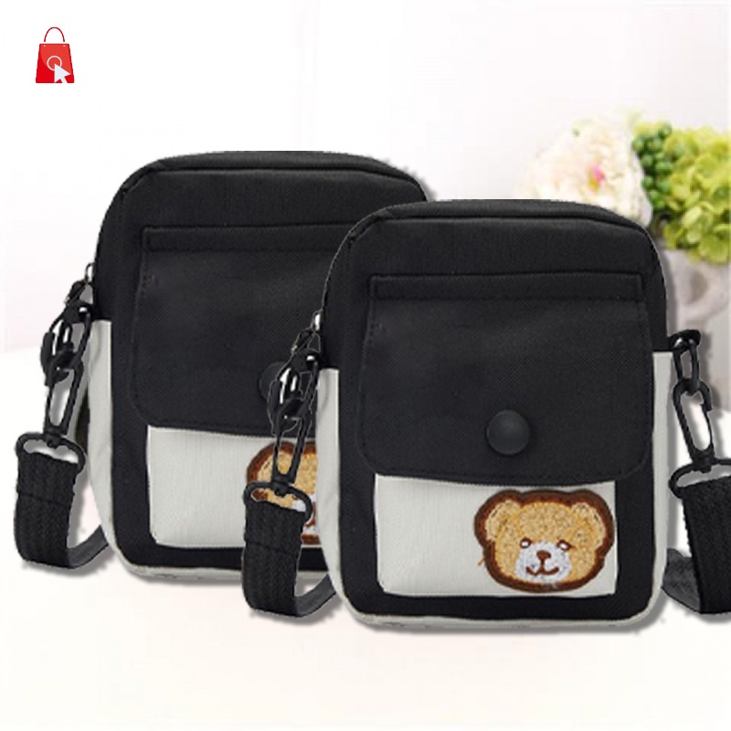 1 túi đeo vai mini bằng vải canvas in họa tiết hoạt hình phong cách Hàn Quốc cho nữ