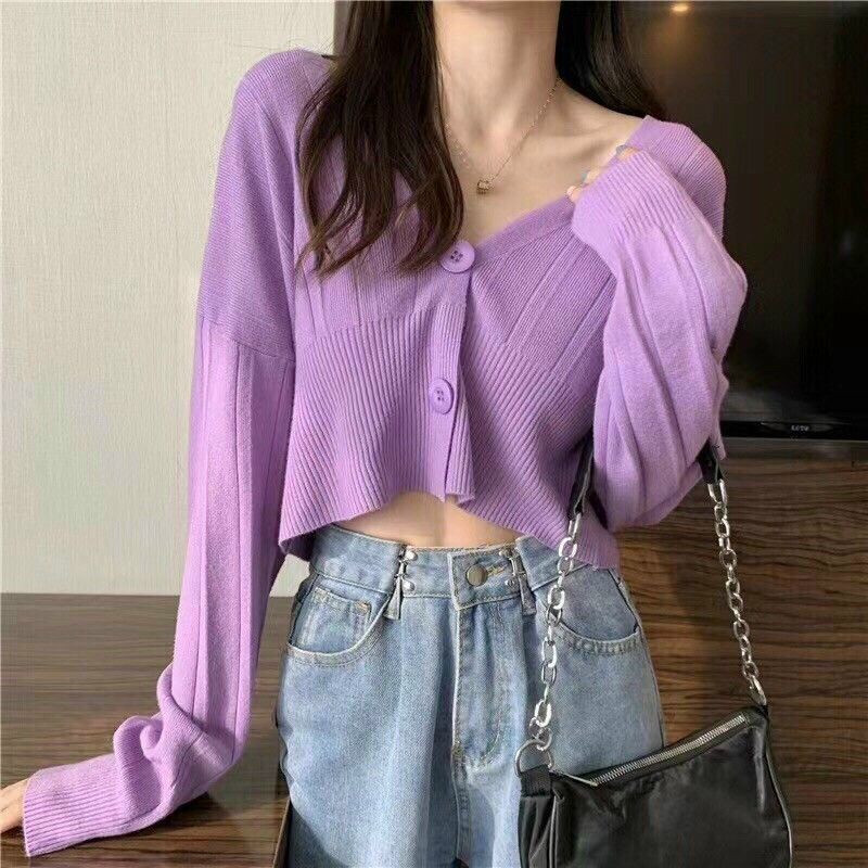 Áo len cadigan khuy croptop hàng QC