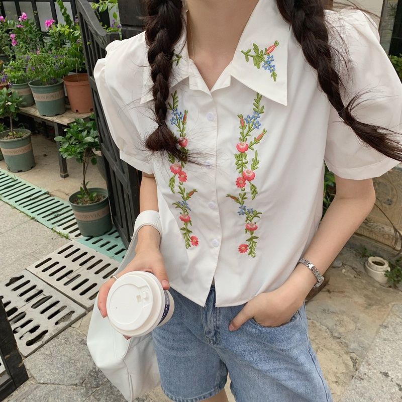 Áo Sơ Mi Tay Ngắn Phồng Thêu Họa Tiết Hoa Phong Cách Hàn Quốc Thời Trang Mùa Hè Cho Nữ