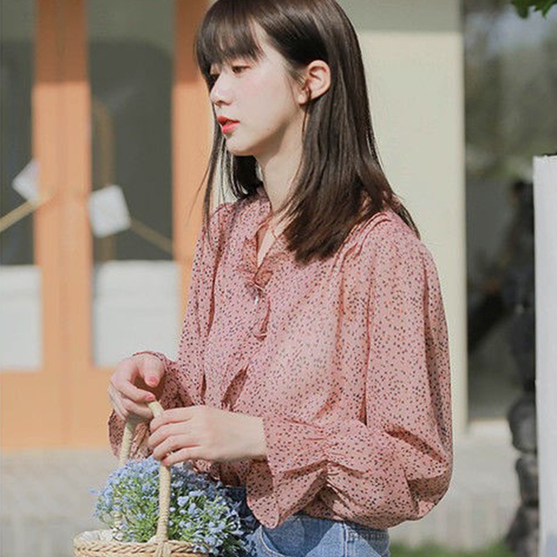 Áo Sơ Mi Voan Hoa Tay Dài Dáng Rộng Thời Trang Cho Nữ