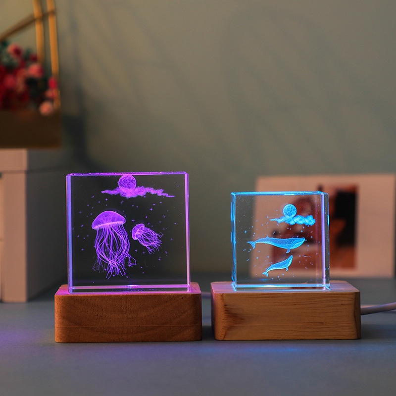 Đèn Ngủ Hình Khối Lập Phương 3D Pha Lê Sang Trọng Trang Trí Phòng Khách Tủ Tivi