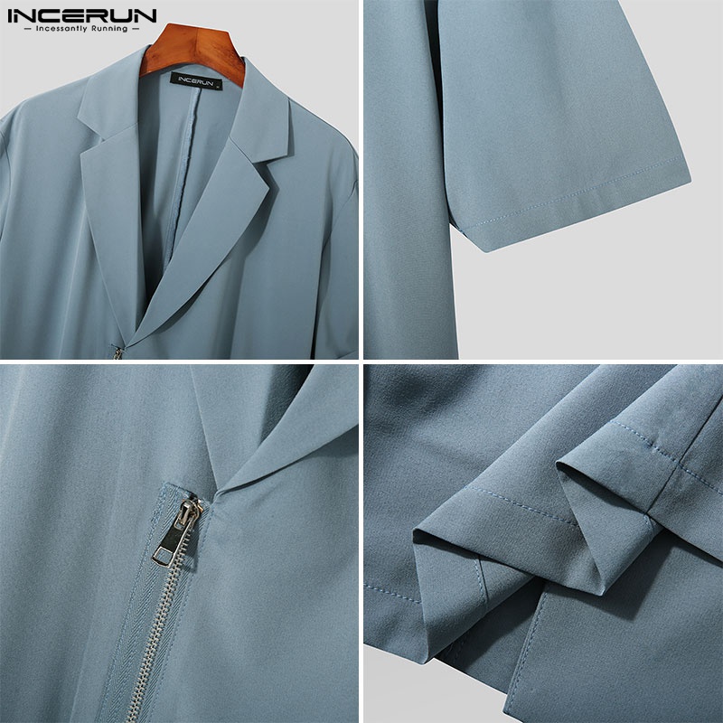 Áo sơ mi INCERUN tay ngắn màu trơn cổ bẻ phối khóa kéo thời trang mùa hè cho nam