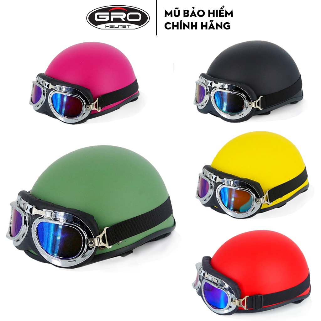 Mũ bảo hiểm nửa đầu thời trang, cao cấp GRO nhiều màu, kèm kính UV, phi công freesize 55-61cm
