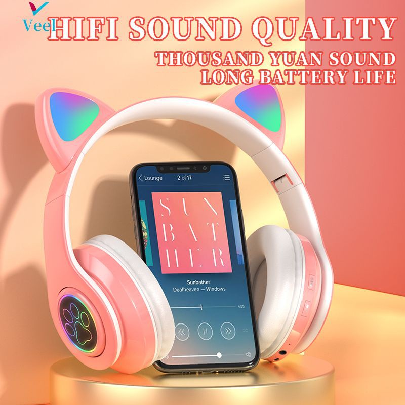 Tai Nghe Chụp Tai Bluetooth 5.0 Không Dây Hình Tai Mèo Phát Sáng