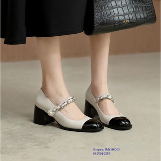 GIÀY MARY JANE QUAI XÍCH PHỐI 2 MÀU TRẮNG ĐEN - TRẮNG NÂU CHẤT DA MỀM