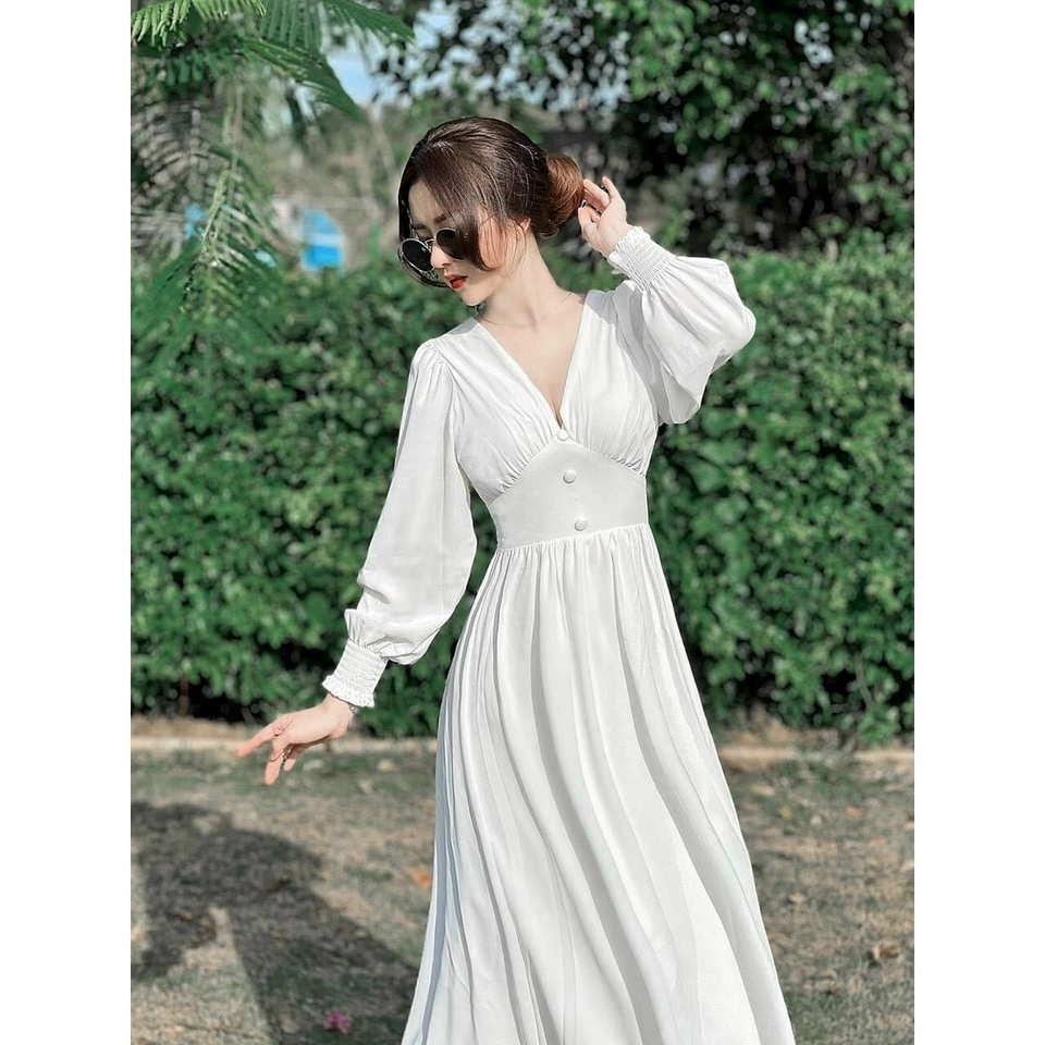 Đầm váy maxi đi biển dáng dài tay lỡ bo eo phong cách Bohemian xinh đẹp