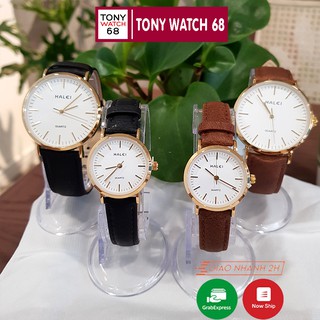 Đồng hồ đôi nam nữ Halei dây da nâu mặt số vạch chính hãng Tony Watch 68