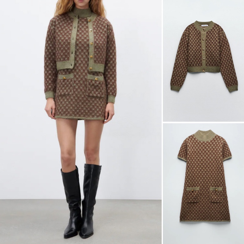 Bộ Áo Khoác Cardigan Dệt Kim Kẻ Sọc + Đầm Kiểu Retro Thời Trang Mùa Xuân Hiệu Zara 5802003 5802004
