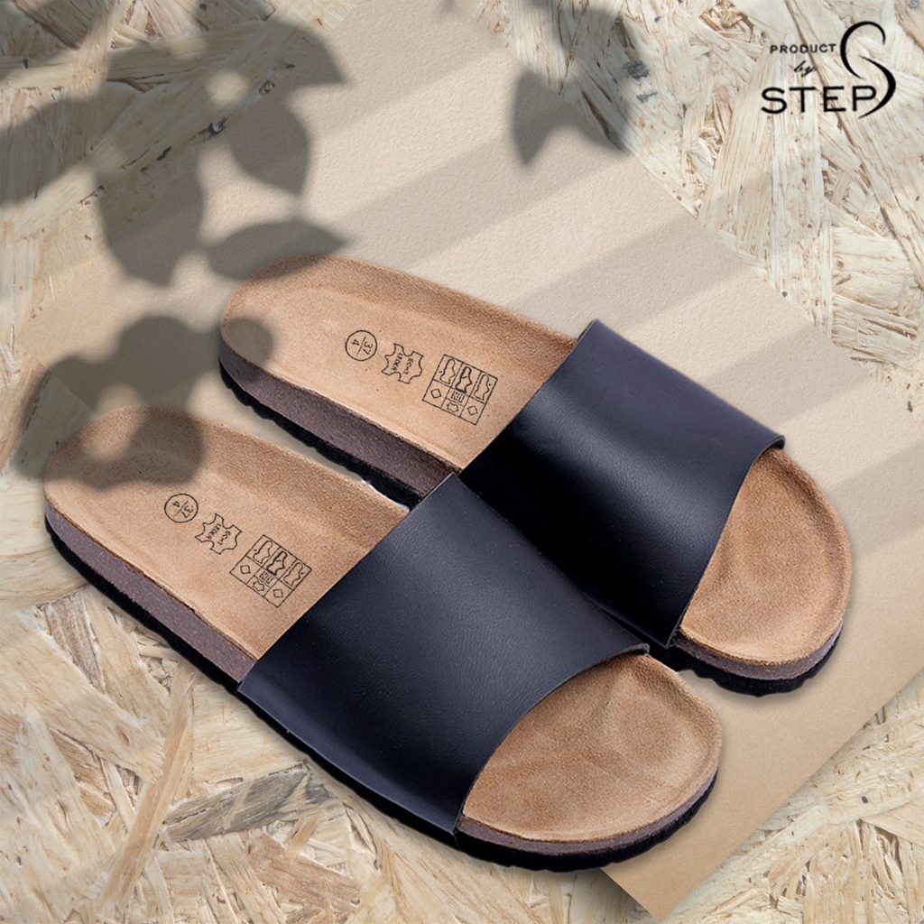 Dép đế trấu Unisex Da tổng hợp  Quai Bản ngang