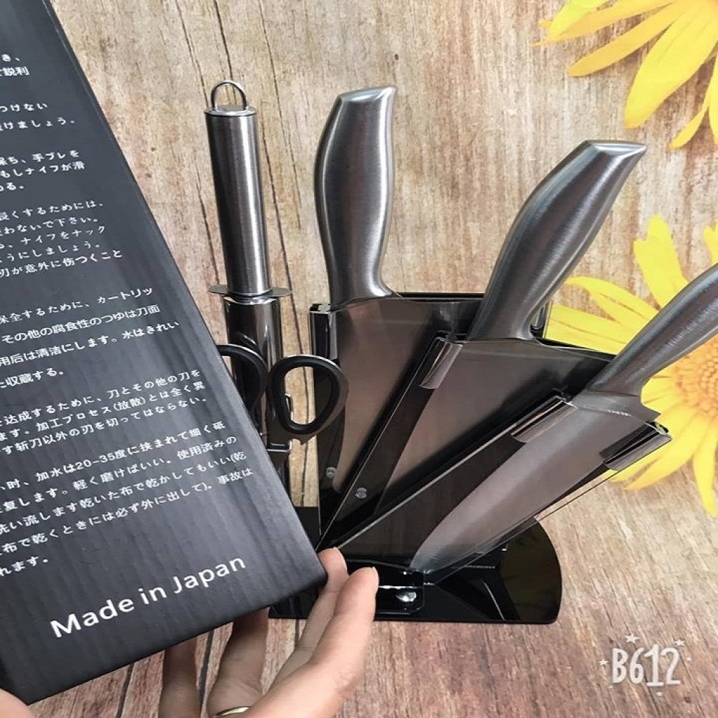 Bộ dao Nhật SEKI 6 món kèm khay đựng, Dao đúc nguyên khối, bền đẹp