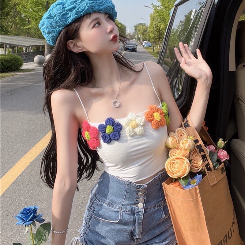Áo 2 dây bún phối hoa len móc, áo croptop hoa len móc
