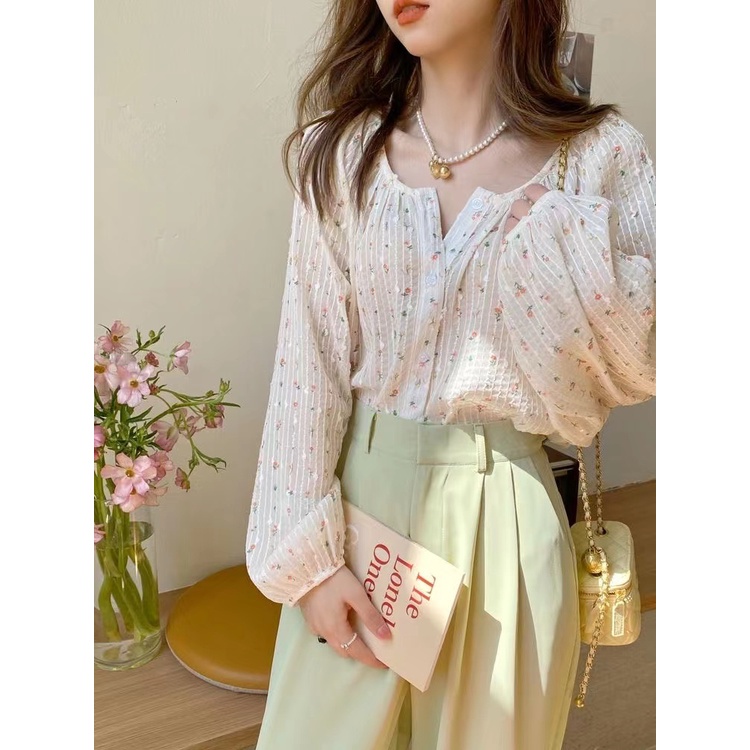 Áo Nữ Tay Dài Họa Tiết Hoa Thời Trang Phong Cách Hàn Quốc