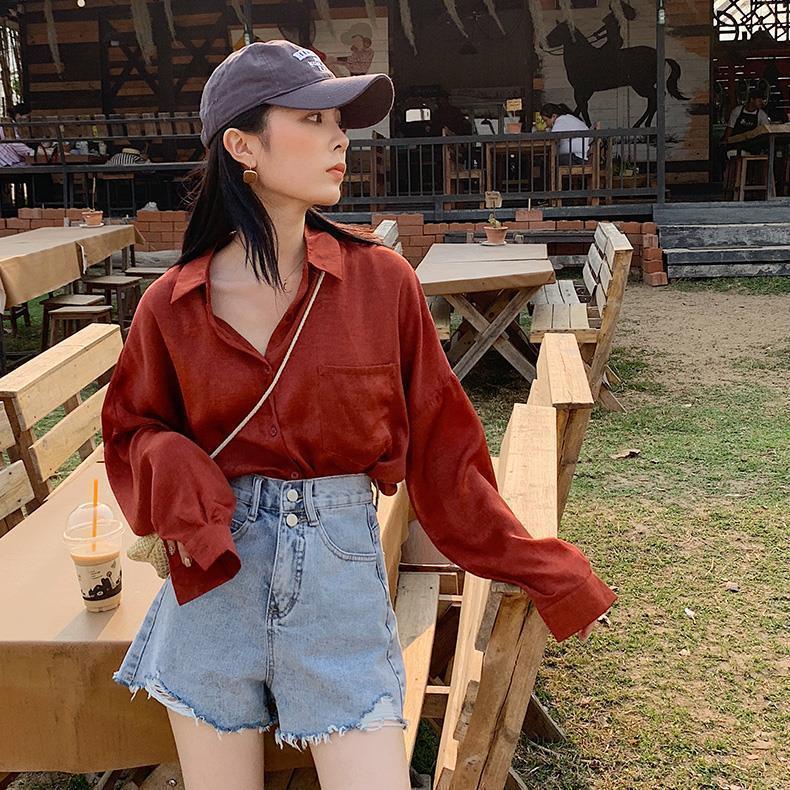 Quần short nữ denim rách ống rộng cạp cao chữ A màu xanh lam vintage Phong cách hàn quốc