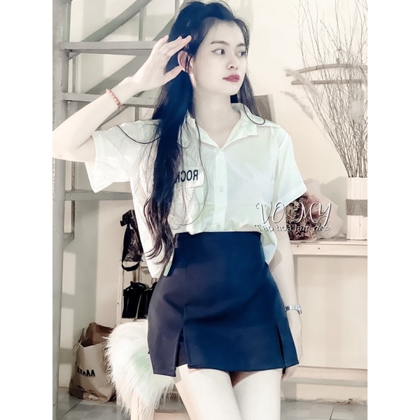 Set áo croptop sơmi phối chân váy