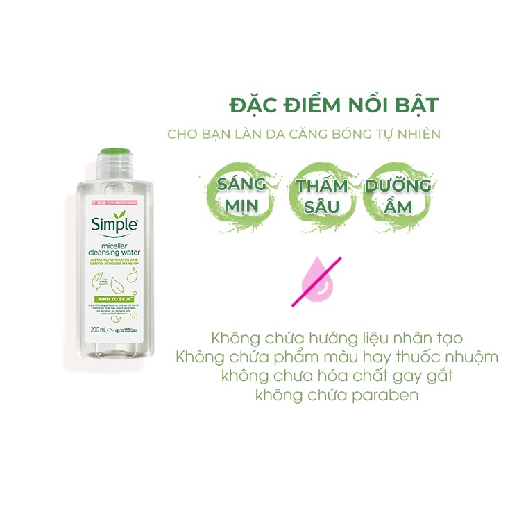 Nước tẩy trang simple cho da mụn da dầu không chứa cồn dưỡng ẩm, Acosmetics 200ml