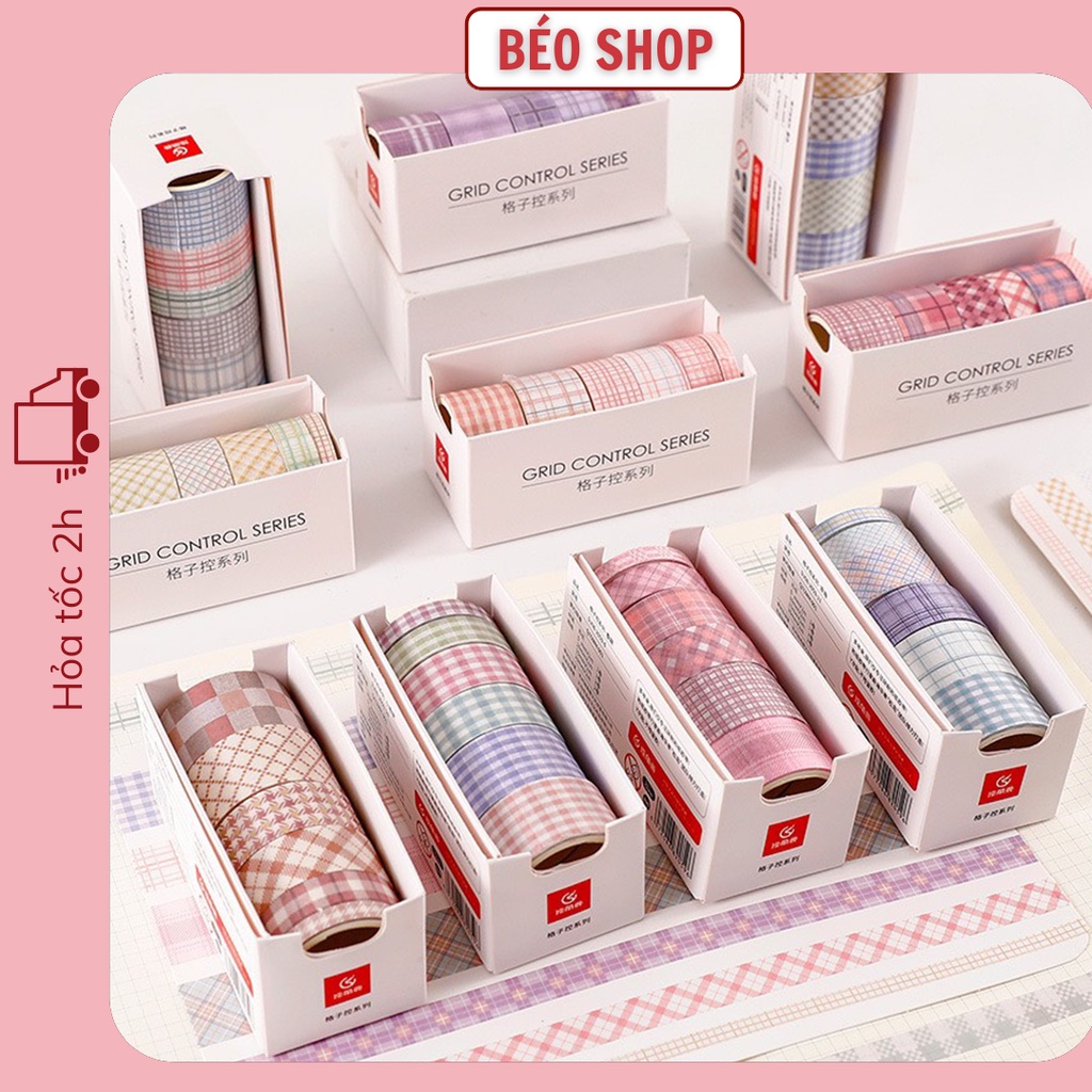 Hộp 6 cuộn washi Béo shop kích thước lớn nhỏ họa tiết miếng dán , băng keo kẻ caro nhiều màu dễ thương W01