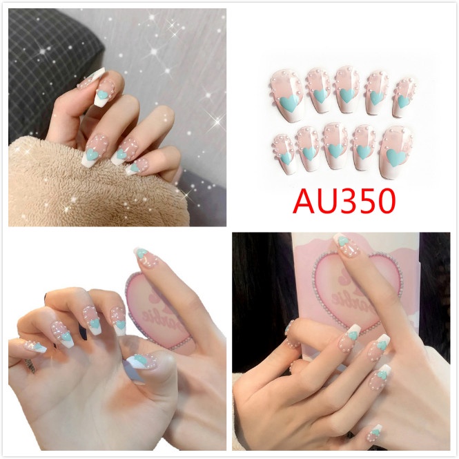 [Hàng mới về] Bộ 24 Móng Tay Giả Màu Xanh Dương Đính Nơ Và Trái Tim Xinh Xắn Chống Thấm Nước