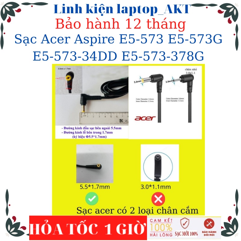 Sạc laptop Acer Aspire E5-573 E5-573G E5-573-34DD E5-573-378G- Sạc 19V-3.42A chân vàng