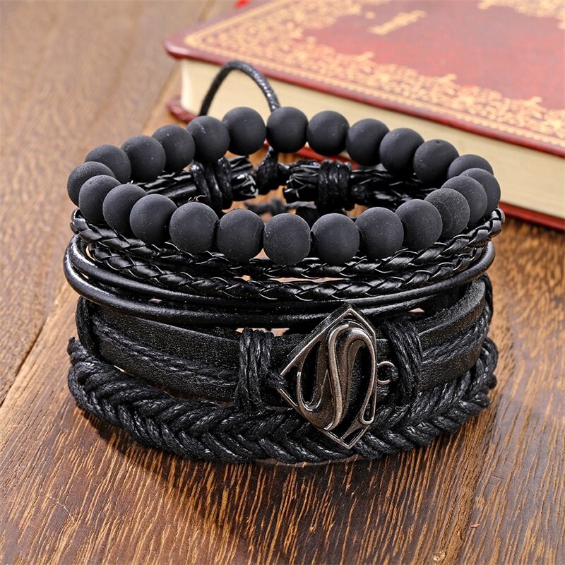 Set 4 Vòng Đeo Tay Bằng Da Phong Cách Cá Tính Dành Cho Nam
