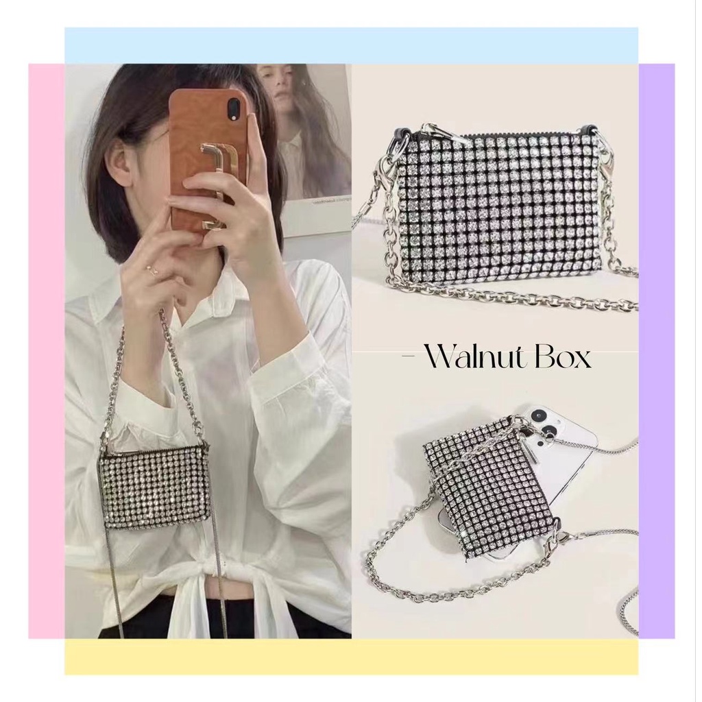 Túi Đeo Chéo Mini Đính Đá Kim Cương Phối Dây Xích Thời Trang Sang Trọng