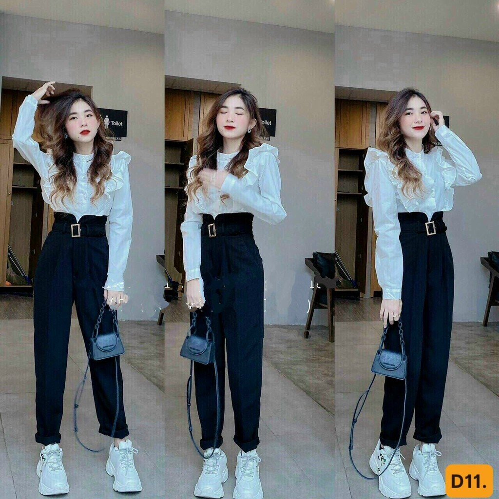 Set Áo Sơ Mi Phối Bèo Ngực Và Quần Dài XInh Xắn