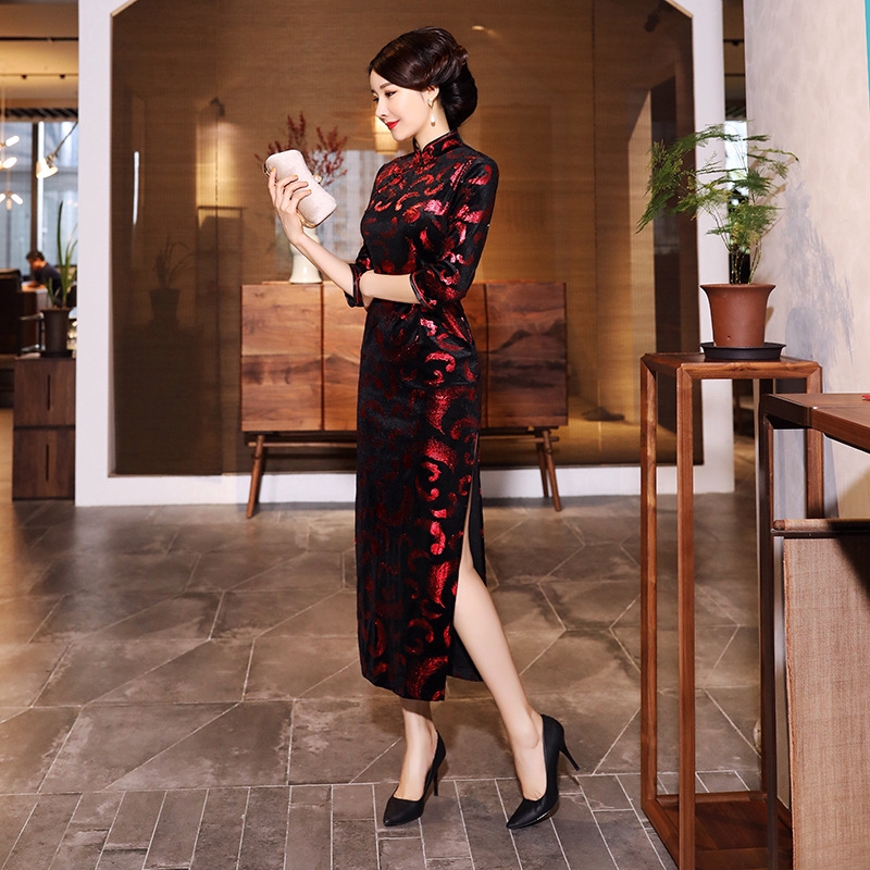 Cheongsam Dress Vintage Slim Dress Women Gold Velvet Wedding Party Long Dresses | BigBuy360 - bigbuy360.vn