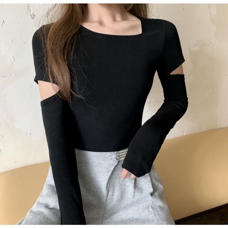 Áo Thun Trơn Dài Tay Cổ Chéo Cách Điệu