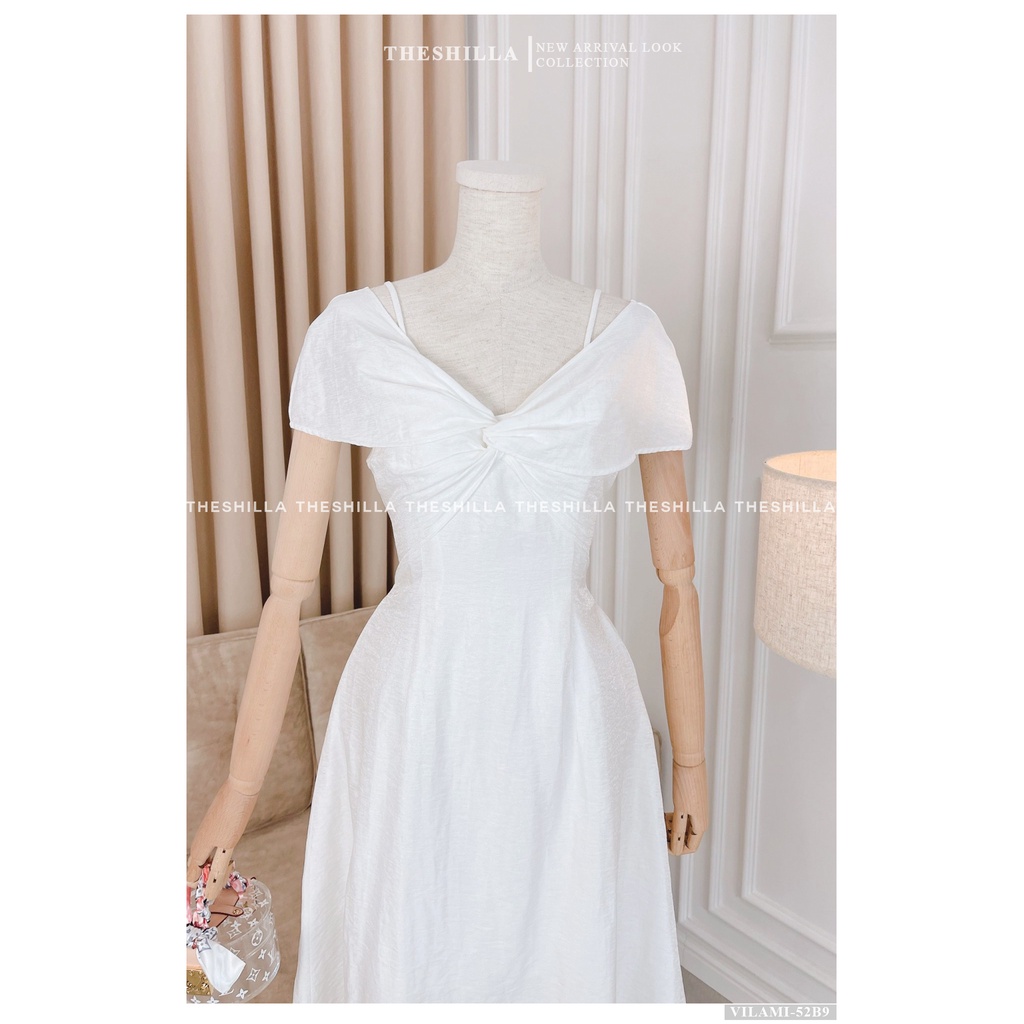 Váy thiết kế cao cấp màu trắng bẹt vai xoắn nơ ngực [ Có video + Ảnh thật ] The Shilla - Vilami-52B9