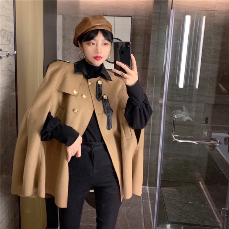 [Sẵn be] Áo khoác dạ cape choàng cổ đóng khuy phong cách sang trọng | BigBuy360 - bigbuy360.vn