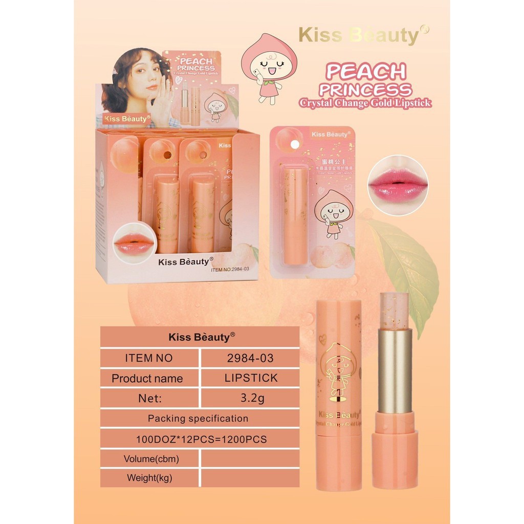 [FreeshipM] Son Dưỡng KissBeauty Peach Princess Mã 2984-03 - Kiss Beauty Crystal Change Gold Lipstick NO.:2984-03