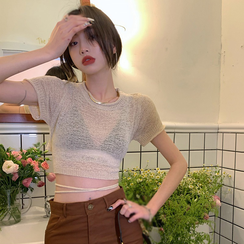 Áo Thun Lửng Tay Ngắn Cổ Tròn Lưng Thắt Dây Thời Trang Cho Nữ