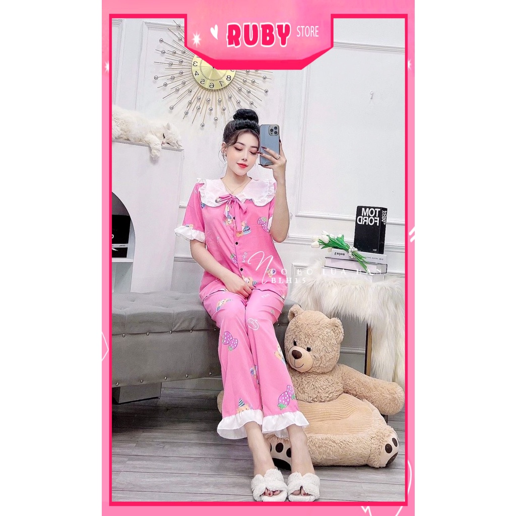 Đồ bộ tiểu thư cho nữ mặc nhà chất kate lụa mềm mát in hình trái dâu hoạt hình dễ thương BLH15