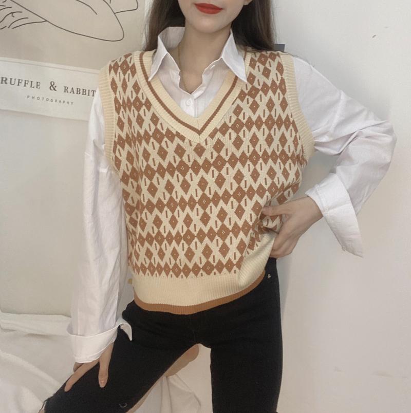 Áo len không tay cổ chữ V màu sắc tương phản thời trang cho nữ
